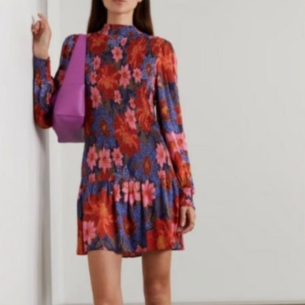 FARM RIO Floral Red Multi Mixed Flower Prints Smocked Mini Dress XS $221